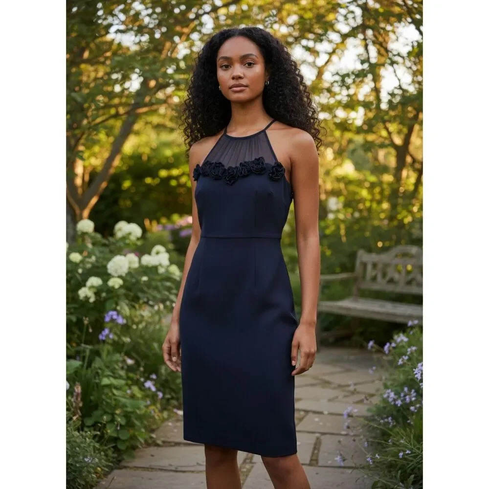 Maggy London Hadleigh Illusion Halter Neck Floral Applique Sheath Dress 12